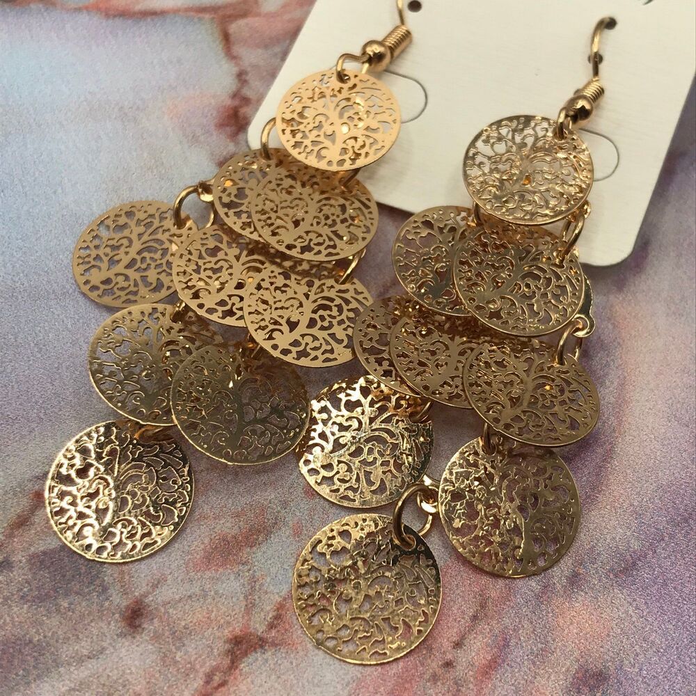 Swirl Tree Charm Chandelier Gold Tone Fashion Jewelry Earrings - Picture 2 of 5